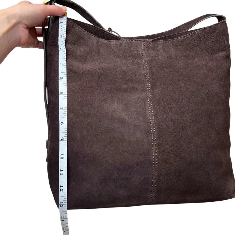 Chocolate Brown 100% Genuine Suede Leather Slouchy Hobo Bag Gold Buckle Strap - Picture 14 of 16